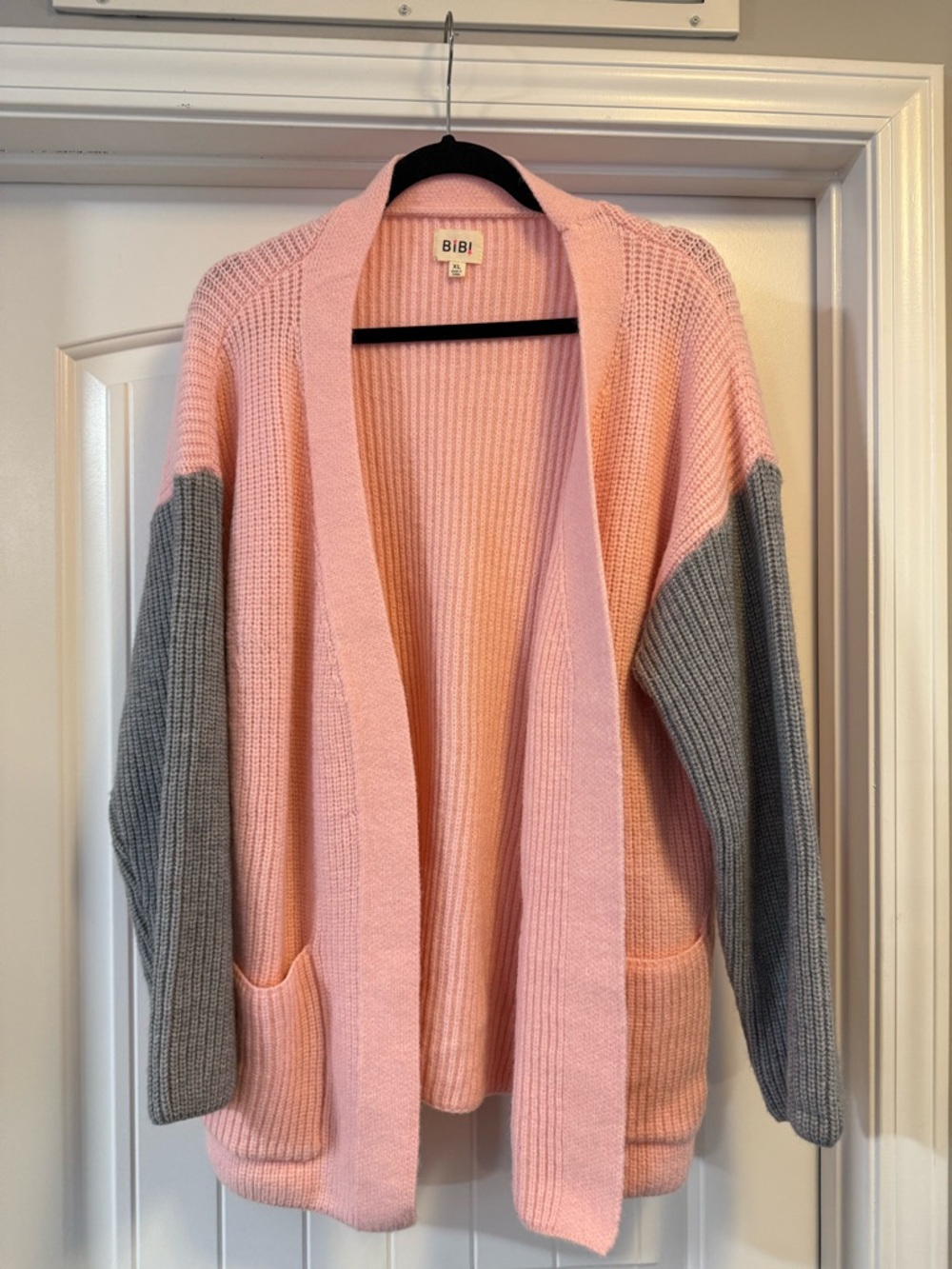 BiBi Pink & Gray Open-Front Ribbed Cardigan